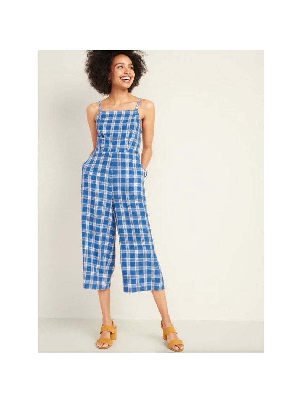 Women's Old Navy Blue White Plaid Cropped Square Neck Jumpsiit size M